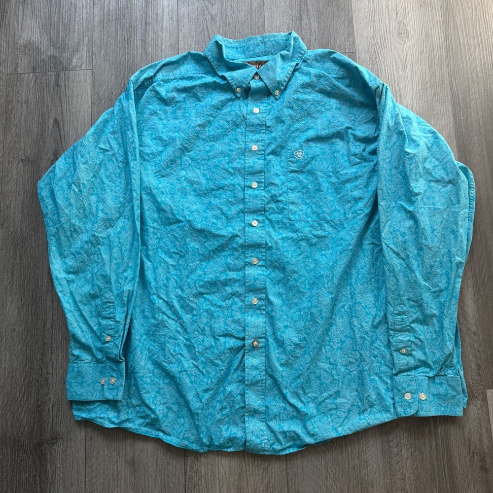 Ariat Mens XXL Turquoise Paisley Button Down Western Shirt Long Sleeve Vietnam